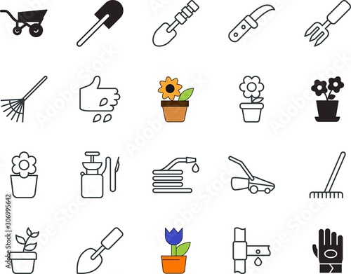 gardening vector icon set such as: cart, finger, lamp, ecology, department, lawn, alarm, interface, general purpose, button, reel, shadow, compressor, sprout, farmer, danger, site, internet, seeds
