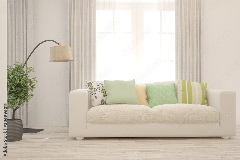 Fototapeta premium Stylish room in white color with sofa. Scandinavian interior design. 3D illustration