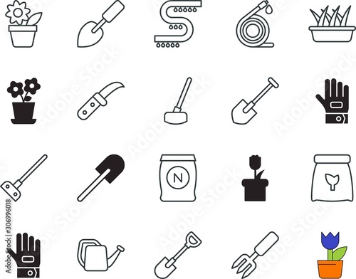 gardening vector icon set such as: general purpose, circuit, pitchfork, extinguisher, reel, icons, industry, closeup, s, accessory, connect, cpu, trim, sprinkle, burger, danger, computer, thin