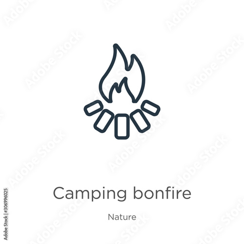 Camping bonfire icon. Thin linear camping bonfire outline icon isolated on white background from nature collection. Line vector camping bonfire sign, symbol for web and mobile