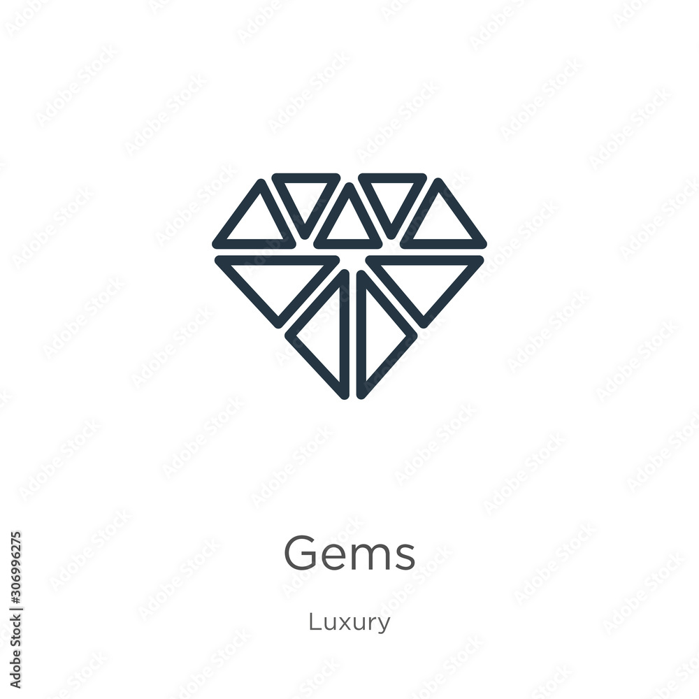Gems icon. Thin linear gems outline icon isolated on white background from luxury collection. Line vector gems sign, symbol for web and mobile Gems icon. Thin linear gems outline icon isolated on white background from luxury collection. Line vector gems sign, symbol for web and mobile