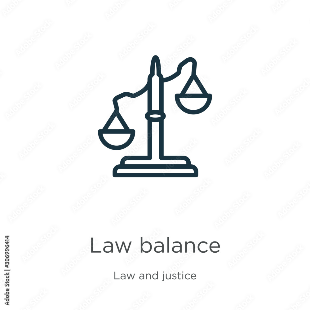 Law balance icon. Thin linear law balance outline icon isolated on white background from law and justice collection. Line vector law balance sign, symbol for web and mobile