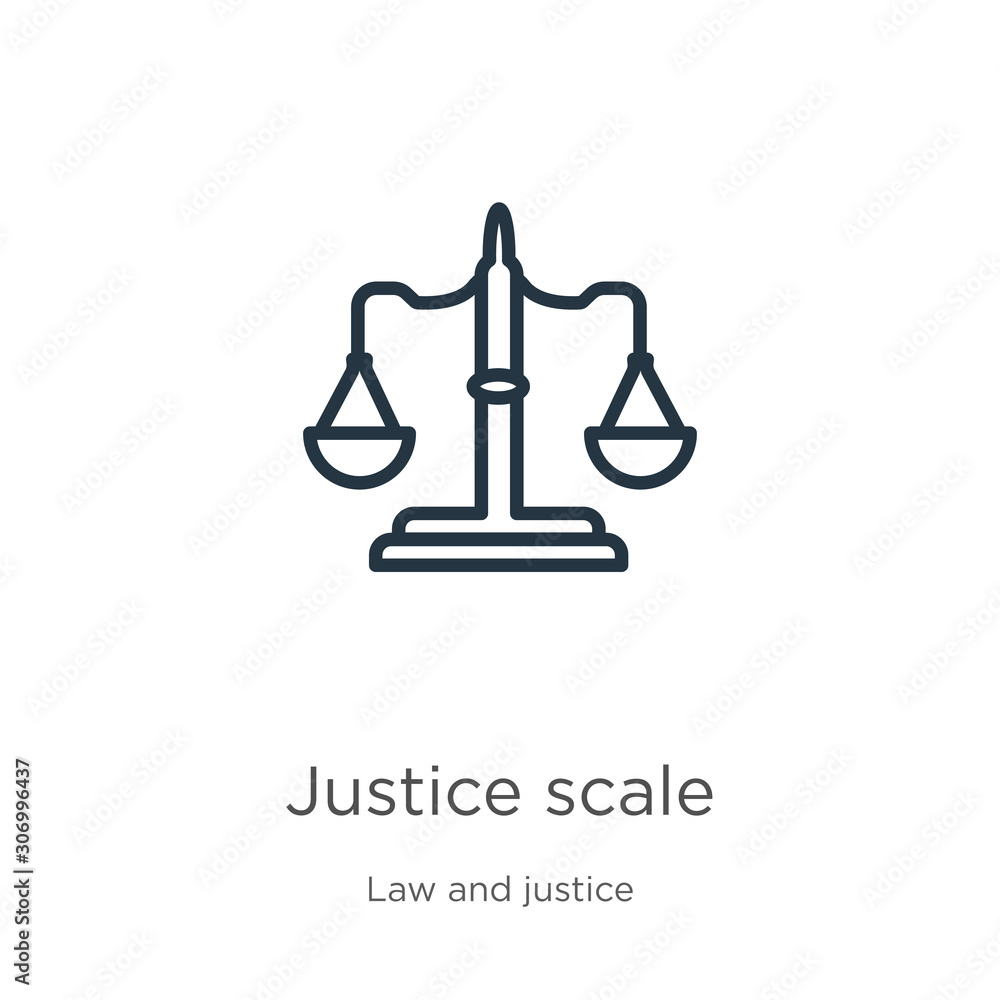 Justice scale icon. Thin linear justice scale outline icon isolated on white background from law and justice collection. Line vector justice scale sign, symbol for web and mobile Justice scale icon. Thin linear justice scale outline icon isolated on white background from law and justice collection. Line vector justice scale sign, symbol for web and mobile