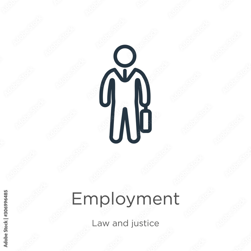 Employment icon. Thin linear employment outline icon isolated on white background from law and justice collection. Line vector employment sign, symbol for web and mobile Employment icon. Thin linear employment outline icon isolated on white background from law and justice collection. Line vector employment sign, symbol for web and mobile