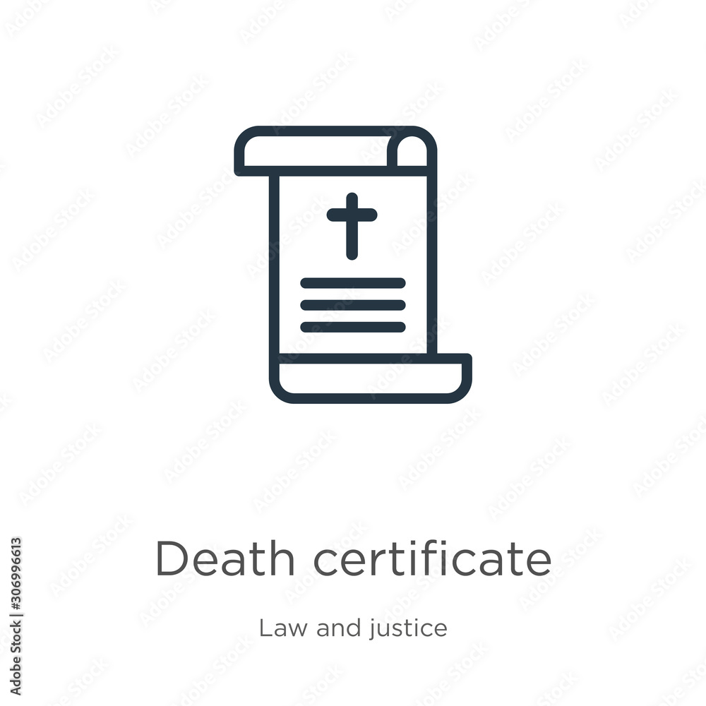 Death certificate icon. Thin linear death certificate outline icon isolated on white background from law and justice collection. Line vector death certificate sign, symbol for web and mobile
