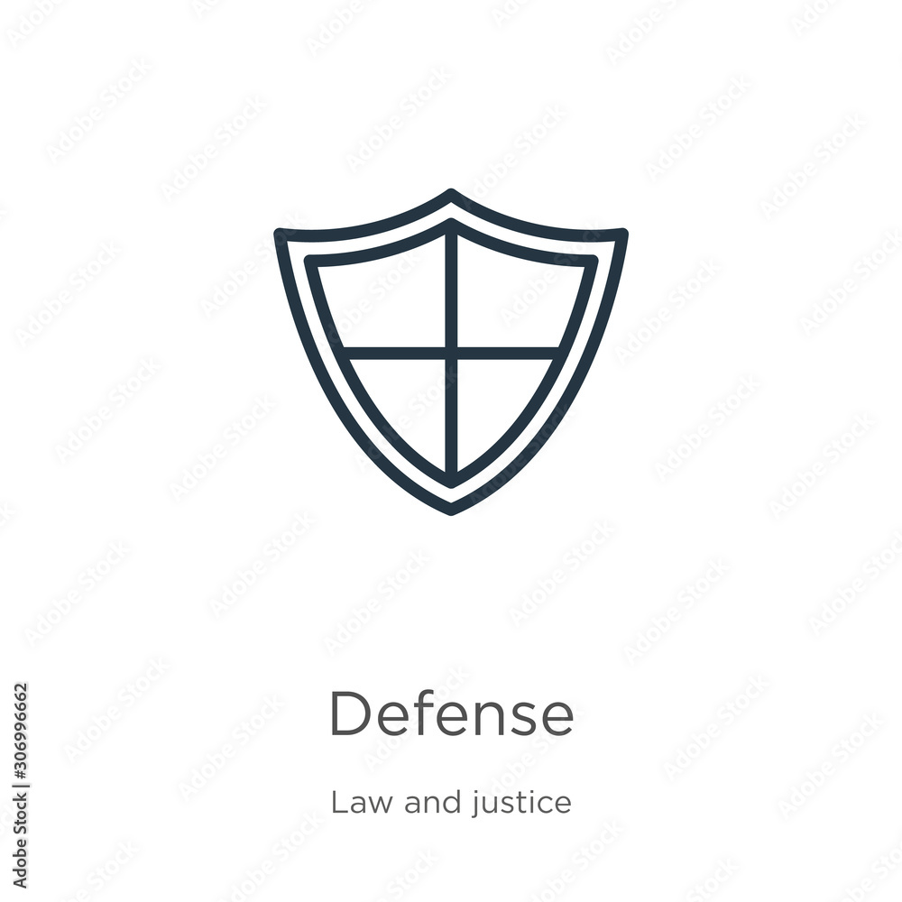 Defense icon. Thin linear defense outline icon isolated on white background from law and justice collection. Line vector defense sign, symbol for web and mobile