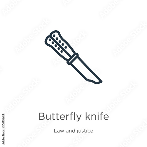 Butterfly knife icon. Thin linear butterfly knife outline icon isolated on white background from law and justice collection. Line vector butterfly knife sign, symbol for web and mobile