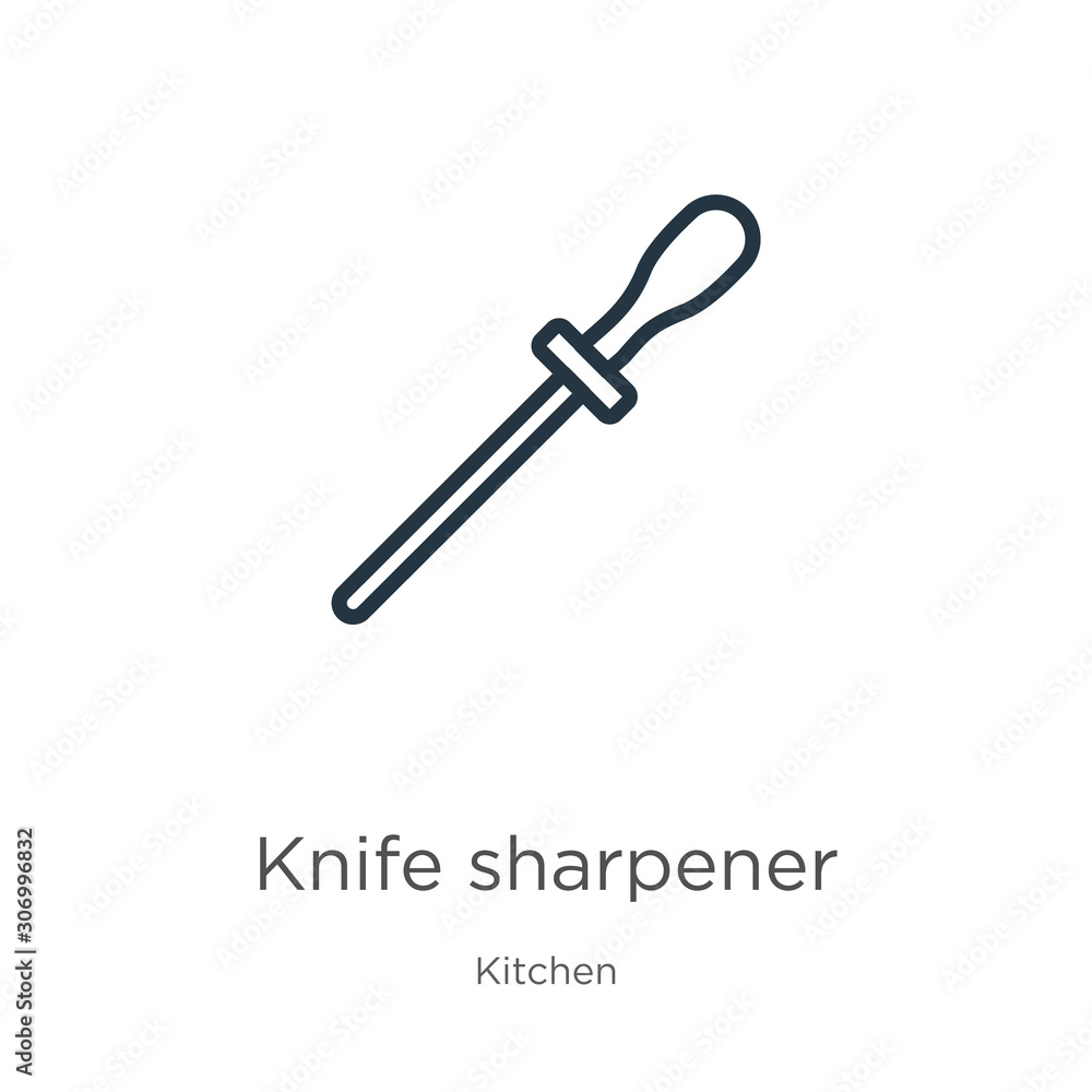Knife sharpener icon. Thin linear knife sharpener outline icon isolated on white background from kitchen collection. Line vector knife sharpener sign, symbol for web and mobile Knife sharpener icon. Thin linear knife sharpener outline icon isolated on white background from kitchen collection. Line vector knife sharpener sign, symbol for web and mobile