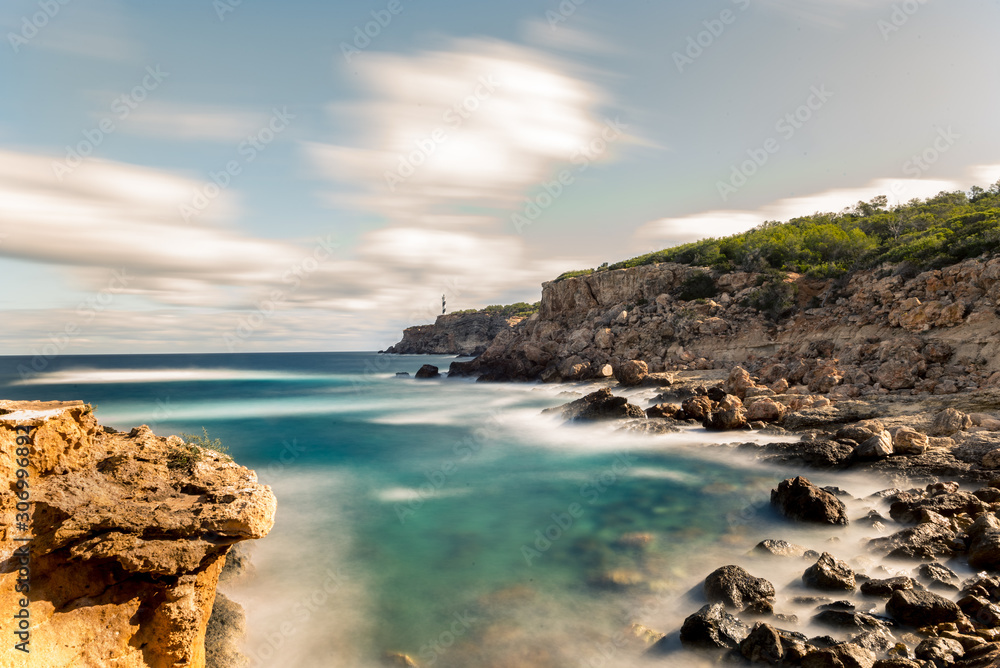 North coast of Ibiza island, Moscarter lighthouse as background, Spain
