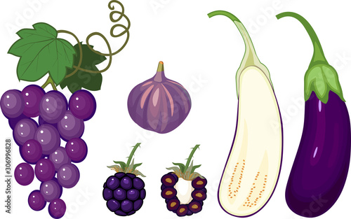 Set of different purple color fruits and vegetables isolated on white background