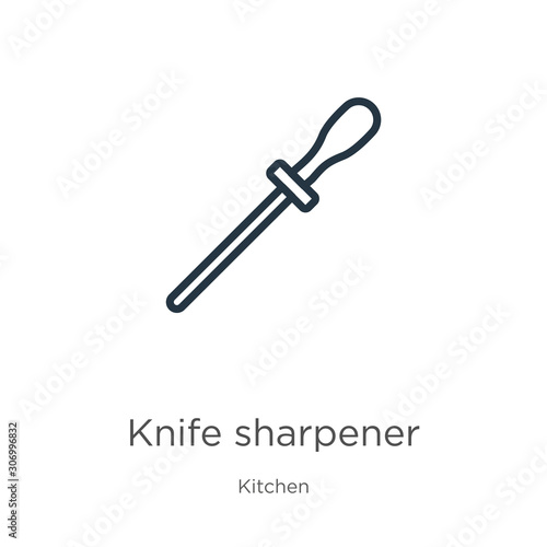 Knife sharpener icon. Thin linear knife sharpener outline icon isolated on white background from kitchen collection. Line vector knife sharpener sign, symbol for web and mobile © Premium Art