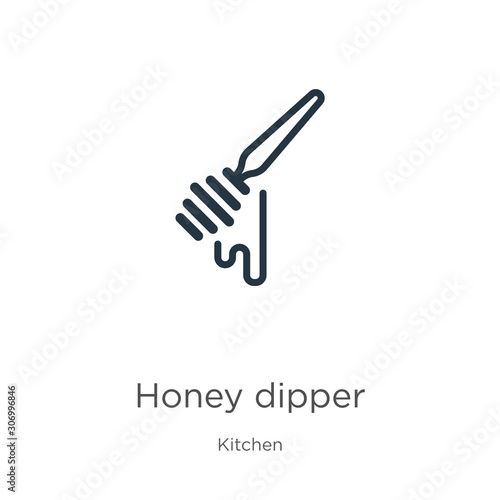 Honey dipper icon. Thin linear honey dipper outline icon isolated on white background from kitchen collection. Line vector honey dipper sign, symbol for web and mobile
