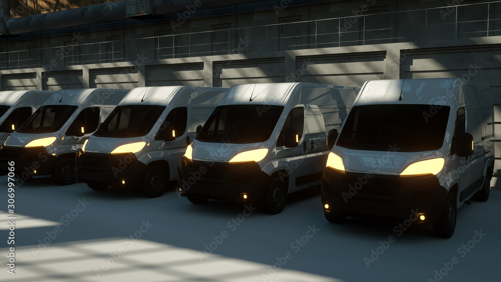Obraz premium 3D rendering of Several Delivery Vans in Hangar delivery warehouse