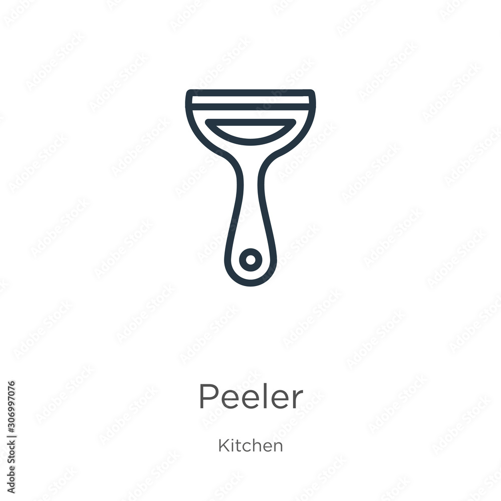 Peeler icon. Thin linear peeler outline icon isolated on white background from kitchen collection. Line vector peeler sign, symbol for web and mobile Peeler icon. Thin linear peeler outline icon isolated on white background from kitchen collection. Line vector peeler sign, symbol for web and mobile
