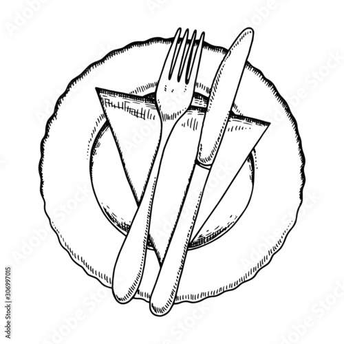 cutlery in a napkin with a bow and a plate. fork and knife vector sketch on a white background