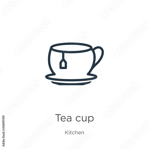 Tea cup icon. Thin linear tea cup outline icon isolated on white background from kitchen collection. Line vector tea cup sign  symbol for web and mobile