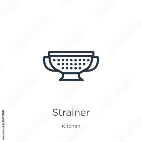 Strainer icon. Thin linear strainer outline icon isolated on white background from kitchen collection. Line vector strainer sign, symbol for web and mobile