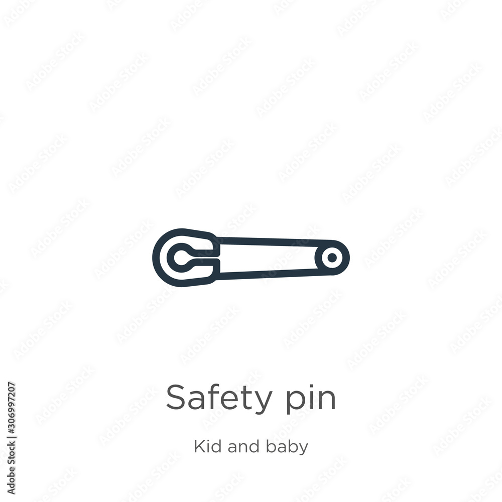 Safety pin icon. Thin linear safety pin outline icon isolated on white background from kid and baby collection. Line vector safety pin sign, symbol for web and mobile Safety pin icon. Thin linear safety pin outline icon isolated on white background from kid and baby collection. Line vector safety pin sign, symbol for web and mobile