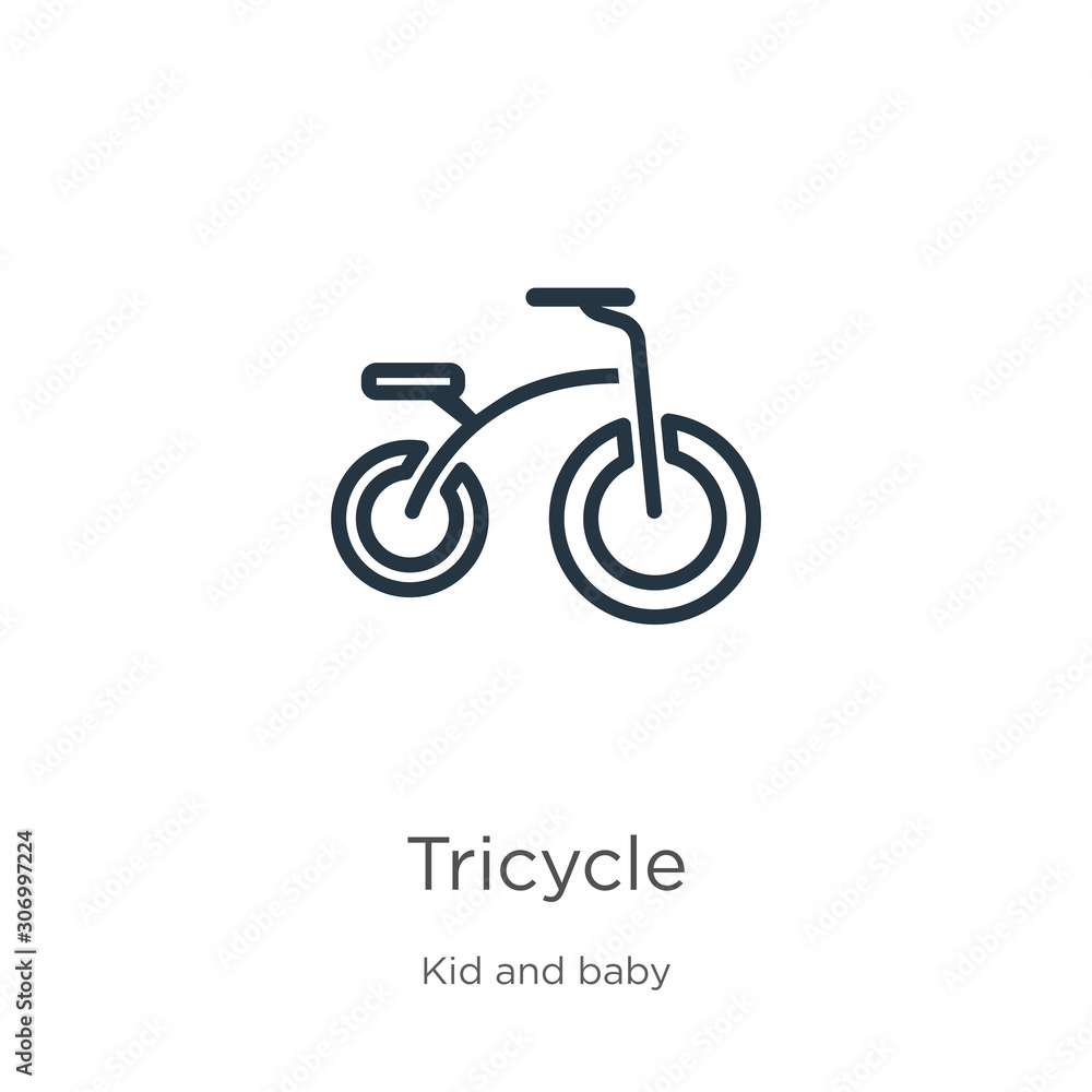 Tricycle icon. Thin linear tricycle outline icon isolated on white background from kid and baby collection. Line vector tricycle sign, symbol for web and mobile Tricycle icon. Thin linear tricycle outline icon isolated on white background from kid and baby collection. Line vector tricycle sign, symbol for web and mobile
