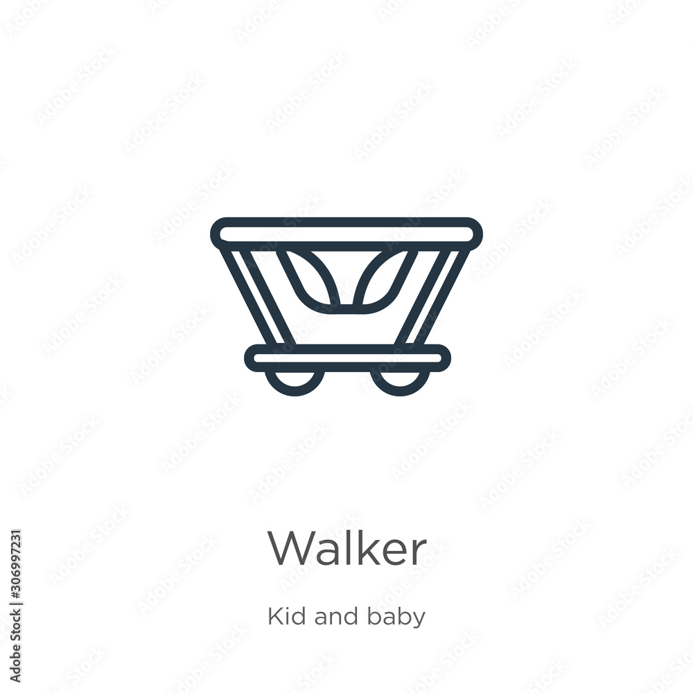 Walker icon. Thin linear walker outline icon isolated on white background from kid and baby collection. Line vector walker sign, symbol for web and mobile Walker icon. Thin linear walker outline icon isolated on white background from kid and baby collection. Line vector walker sign, symbol for web and mobile