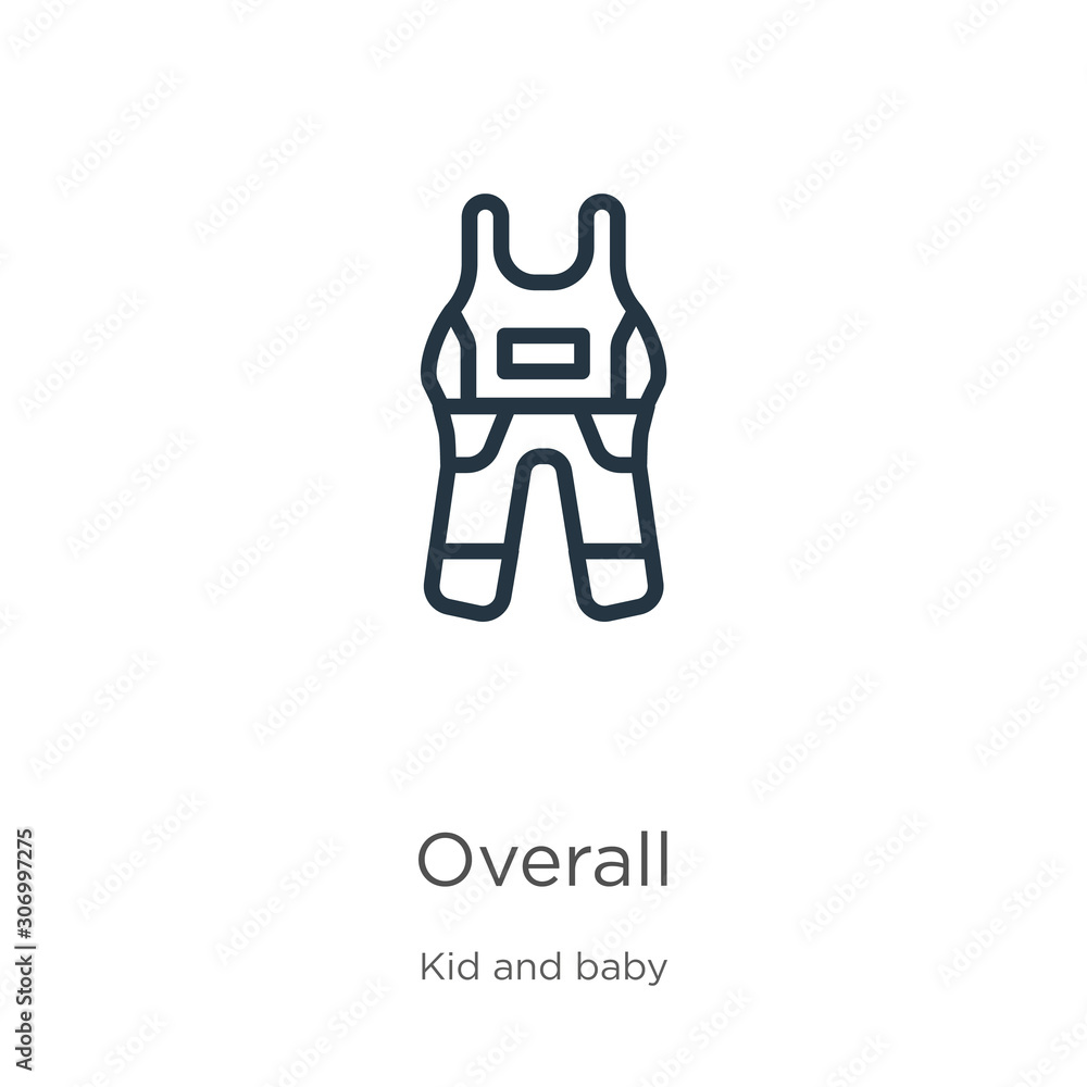 Overall icon. Thin linear overall outline icon isolated on white background from kid and baby collection. Line vector overall sign, symbol for web and mobile
