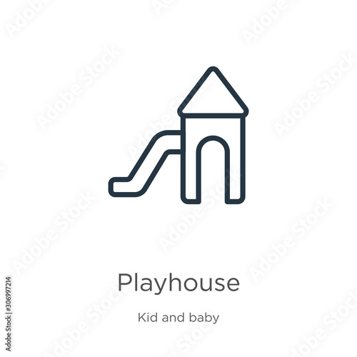 Playhouse icon. Thin linear playhouse outline icon isolated on white background from kids and baby collection. Line vector playhouse sign, symbol for web and mobile