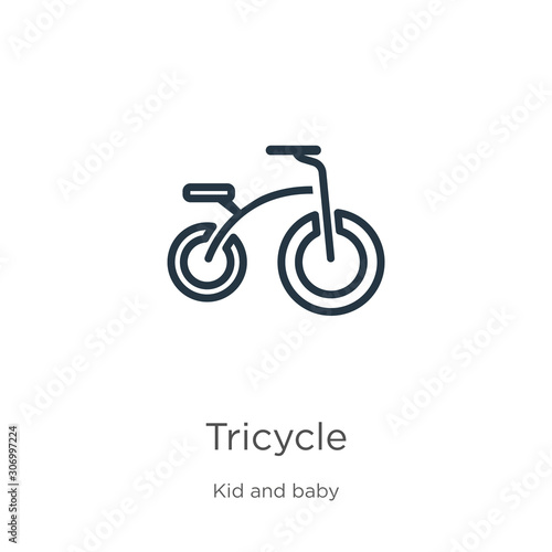 Tricycle icon. Thin linear tricycle outline icon isolated on white background from kid and baby collection. Line vector tricycle sign, symbol for web and mobile