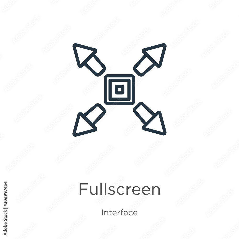 Fullscreen icon. Thin linear fullscreen outline icon isolated on white background from interface collection. Line vector fullscreen sign, symbol for web and mobile Fullscreen icon. Thin linear fullscreen outline icon isolated on white background from interface collection. Line vector fullscreen sign, symbol for web and mobile