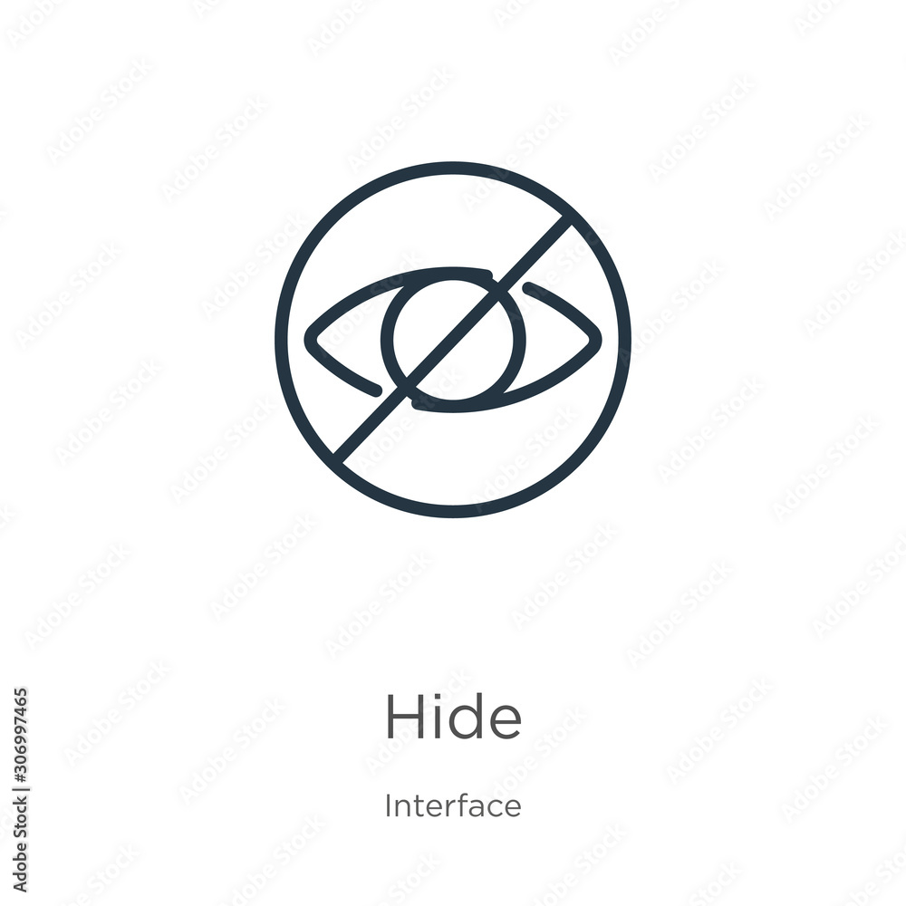 Hide icon. Thin linear hide outline icon isolated on white background from interface collection. Line vector hide sign, symbol for web and mobile Hide icon. Thin linear hide outline icon isolated on white background from interface collection. Line vector hide sign, symbol for web and mobile