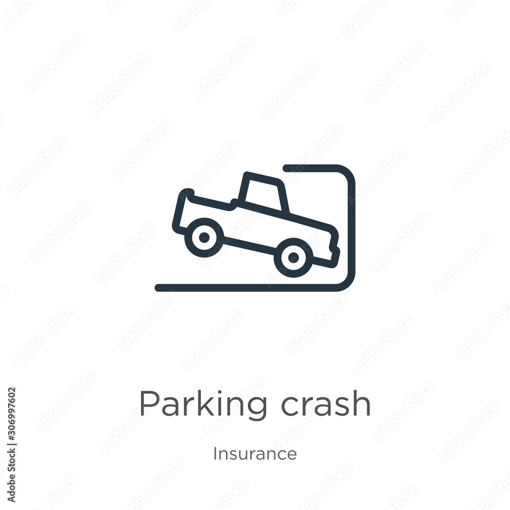 Parking crash icon. Thin linear parking crash outline icon isolated on white background from insurance collection. Line vector parking crash sign, symbol for web and mobile