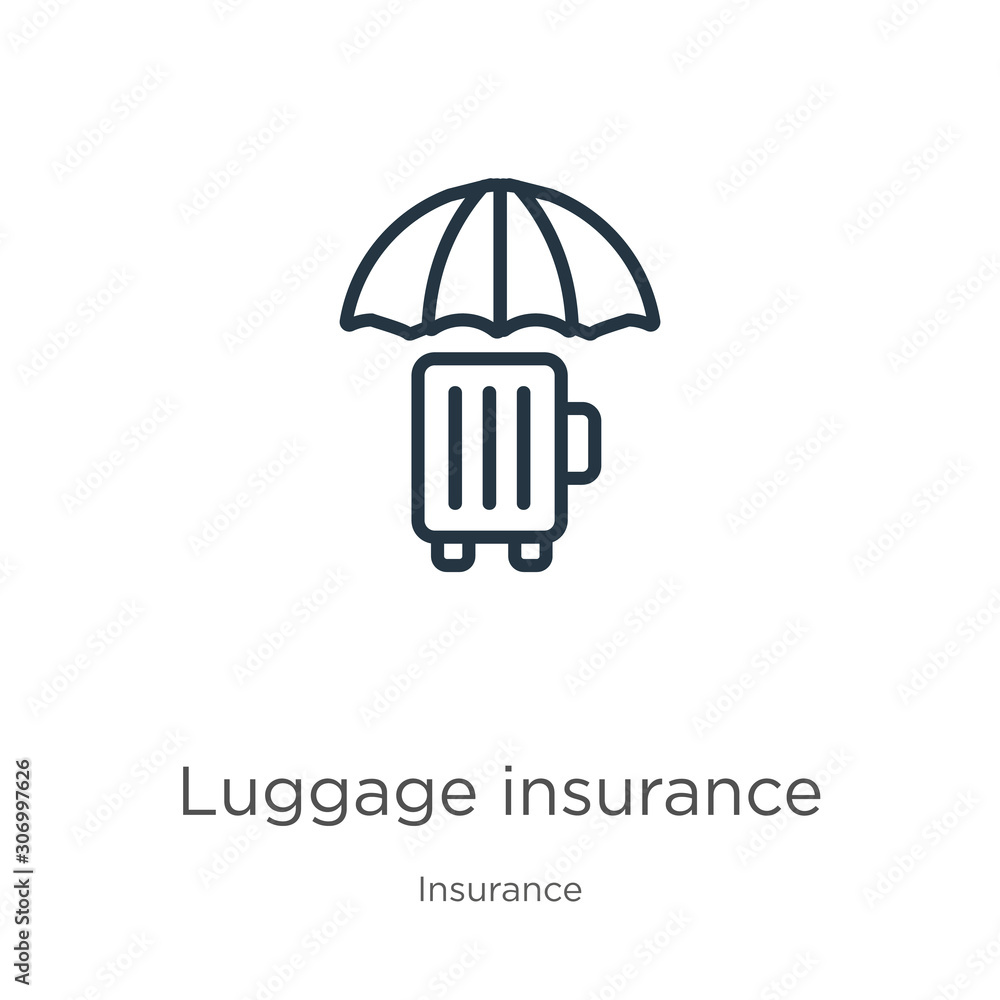 Luggage insurance icon. Thin linear luggage insurance outline icon isolated on white background from insurance collection. Line vector luggage insurance sign, symbol for web and mobile Luggage insurance icon. Thin linear luggage insurance outline icon isolated on white background from insurance collection. Line vector luggage insurance sign, symbol for web and mobile