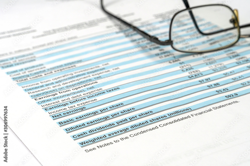 Business composition. Financial analysis - income statement, business plan with glass Business composition. Financial analysis - income statement, business plan with glass