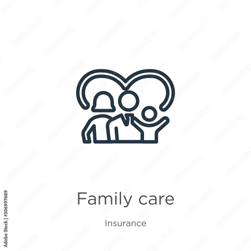 Family care icon. Thin linear family care outline icon isolated on white background from insurance collection. Line vector family care sign, symbol for web and mobile