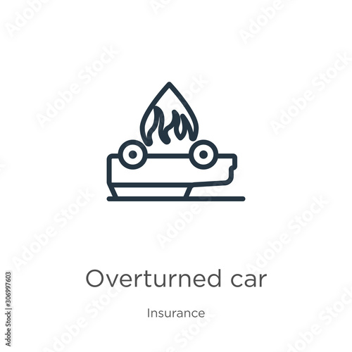 Overturned car icon. Thin linear overturned car outline icon isolated on white background from insurance collection. Line vector overturned car sign, symbol for web and mobile