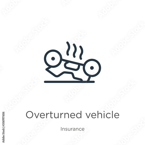 Overturned vehicle icon. Thin linear overturned vehicle outline icon isolated on white background from insurance collection. Line vector overturned vehicle sign, symbol for web and mobile