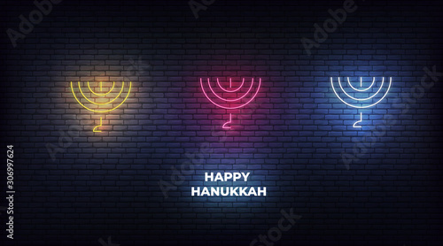 Menorah neon sign set. Glowing decorations for Jewish holiday Hanukkah