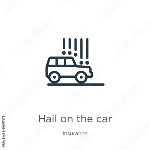Hail on the car icon. Thin linear hail on the car outline icon isolated on white background from insurance collection. Line vector hail on the car sign, symbol for web and mobile