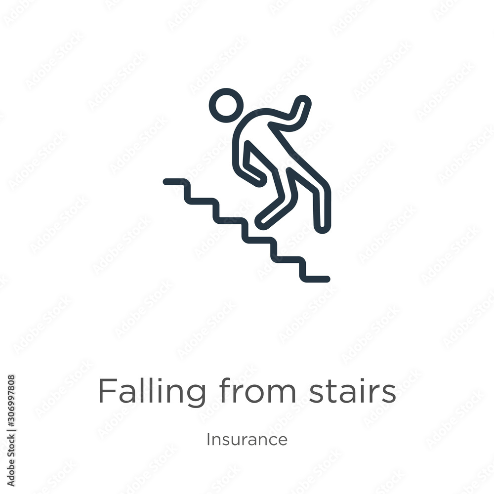 Falling from stairs icon. Thin linear falling from stairs outline icon isolated on white background from insurance collection. Line vector falling from stairs sign, symbol for web and mobile Falling from stairs icon. Thin linear falling from stairs outline icon isolated on white background from insurance collection. Line vector falling from stairs sign, symbol for web and mobile