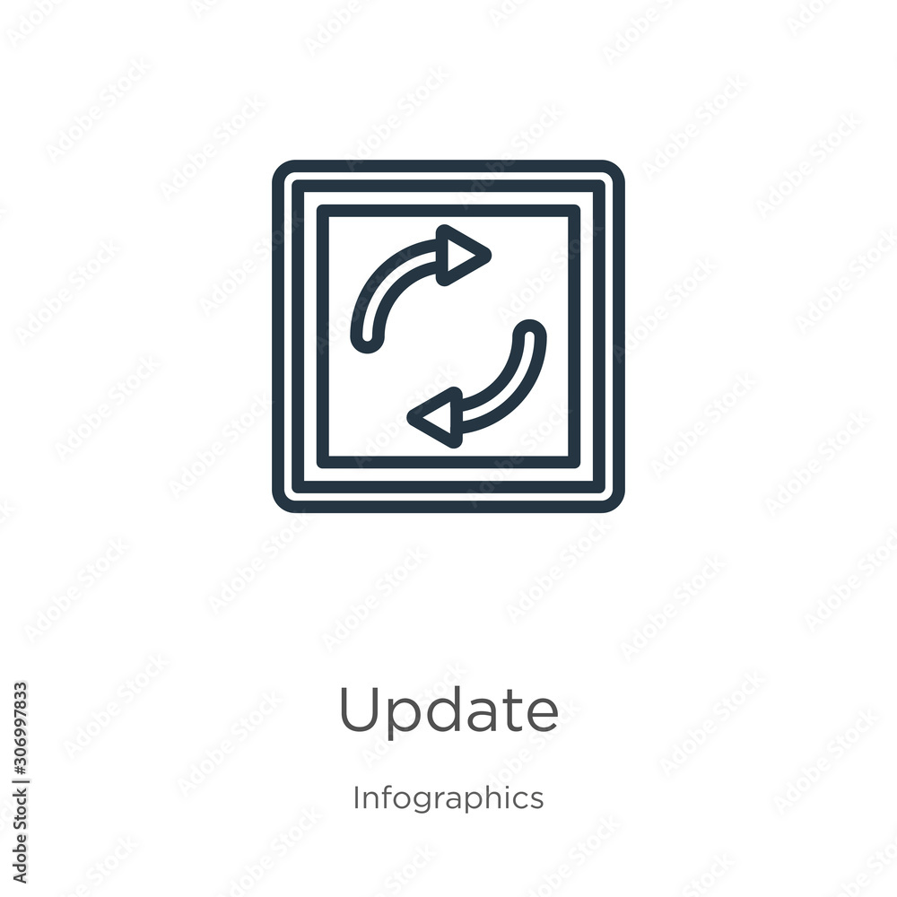 Update icon. Thin linear update outline icon isolated on white background from infographics collection. Line vector update sign, symbol for web and mobile Update icon. Thin linear update outline icon isolated on white background from infographics collection. Line vector update sign, symbol for web and mobile