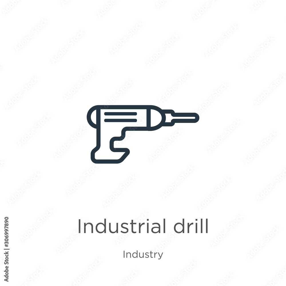 Industrial drill icon. Thin linear industrial drill outline icon isolated on white background from industry collection. Line vector industrial drill sign, symbol for web and mobile Industrial drill icon. Thin linear industrial drill outline icon isolated on white background from industry collection. Line vector industrial drill sign, symbol for web and mobile
