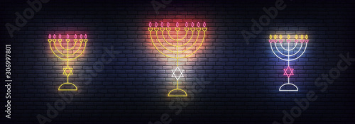 Menorah neon sign for Hanukkah. Glowing decorations for Jewish Chanukkah holiday