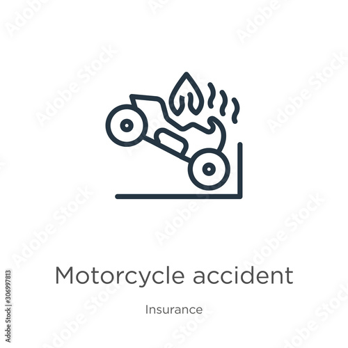 Motorcycle accident icon. Thin linear motorcycle accident outline icon isolated on white background from insurance collection. Line vector motorcycle accident sign, symbol for web and mobile