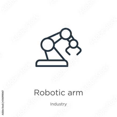 Robotic arm icon. Thin linear robotic arm outline icon isolated on white background from industry collection. Line vector robotic arm sign, symbol for web and mobile
