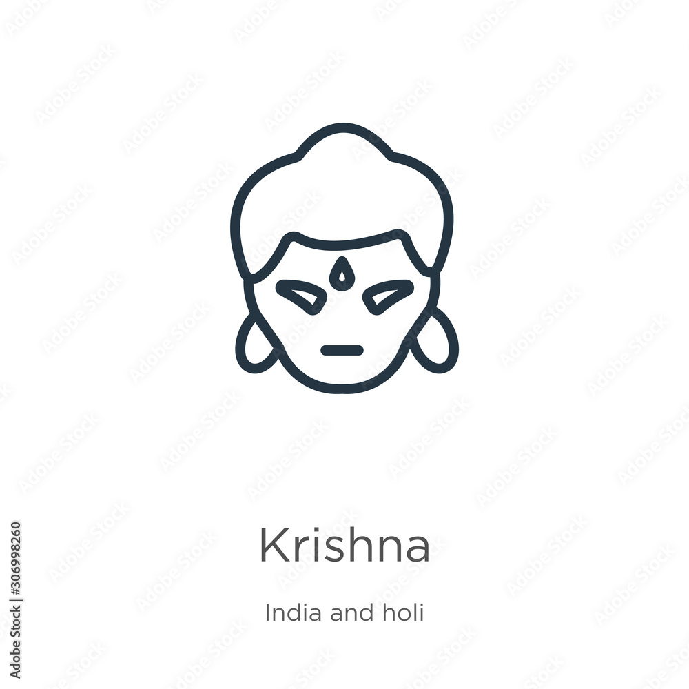 Krishna icon. Thin linear krishna outline icon isolated on white background from india collection. Line vector krishna sign, symbol for web and mobile Krishna icon. Thin linear krishna outline icon isolated on white background from india collection. Line vector krishna sign, symbol for web and mobile