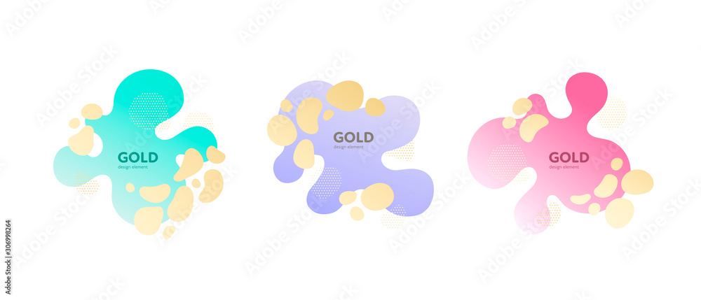Fluid abstract banner template illustration. Set of modern blue, pink, green and gold color gradient liquid shapes isolated on white background. Design element for poster, backdrop, web, sale, print.