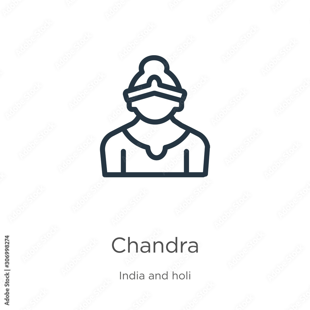 Chandra icon. Thin linear chandra outline icon isolated on white background from india collection. Line vector chandra sign, symbol for web and mobile Chandra icon. Thin linear chandra outline icon isolated on white background from india collection. Line vector chandra sign, symbol for web and mobile