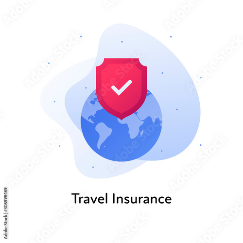 Vector flat insurance color illustration. Travel concept. Planet earth with red shield and checkbox on fluid background isolated on white. Design element for banner, poster, web, ui, print.