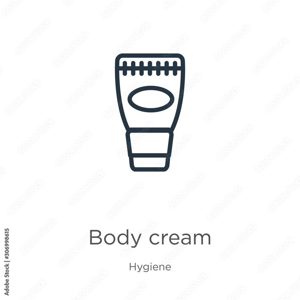 Body cream icon. Thin linear body cream outline icon isolated on white background from hygiene collection. Line vector body cream sign, symbol for web and mobile Body cream icon. Thin linear body cream outline icon isolated on white background from hygiene collection. Line vector body cream sign, symbol for web and mobile
