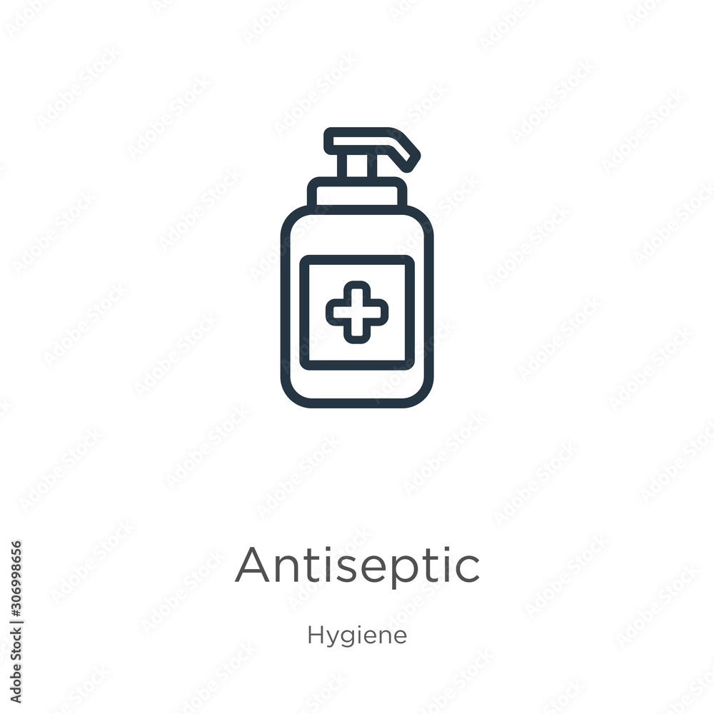 Antiseptic icon. Thin linear antiseptic outline icon isolated on white background from hygiene collection. Line vector antiseptic sign, symbol for web and mobile Antiseptic icon. Thin linear antiseptic outline icon isolated on white background from hygiene collection. Line vector antiseptic sign, symbol for web and mobile