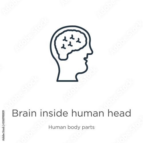 Brain inside human head icon. Thin linear brain inside human head outline icon isolated on white background from human body parts collection. Line vector brain inside human head sign, symbol for web